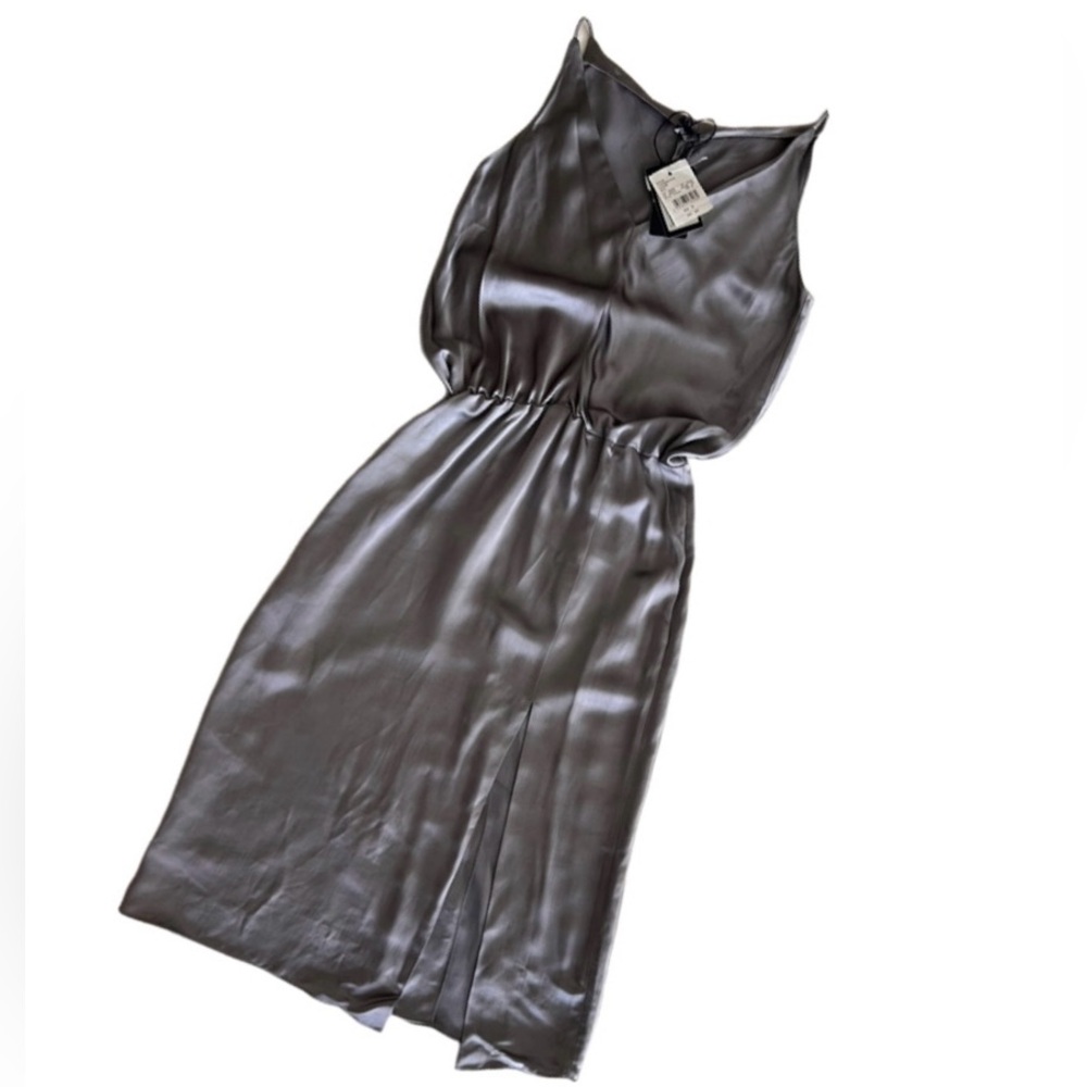 Jil Sander Navy Silk Blend Satin Gathered Waist Midi Dress Pewter Gray Size M